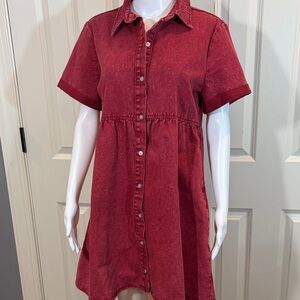 Red Denim Button-Up Dress